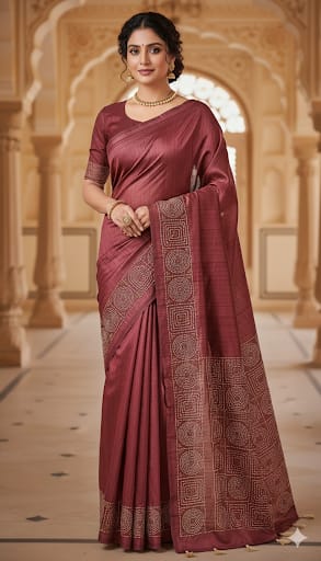 Maroon Tussar Silk Saree with Kantha Hand Embroidery