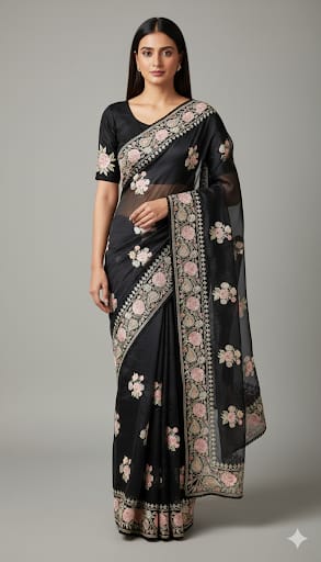 Midnight Black Organza Saree with Vintage Floral Embroidery + Blouse
