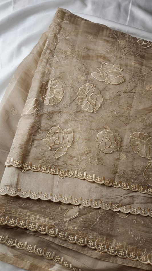 Chiku Glass Tissue Saree with Floral Embroidery & Scallop Border