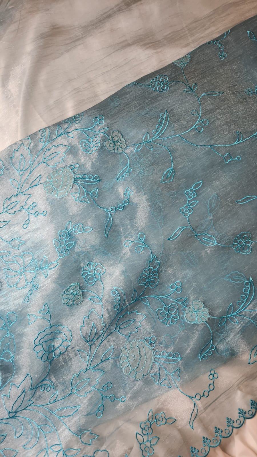 Icy Blue Glass Tissue Saree with Floral Embroidery & Scallop Border