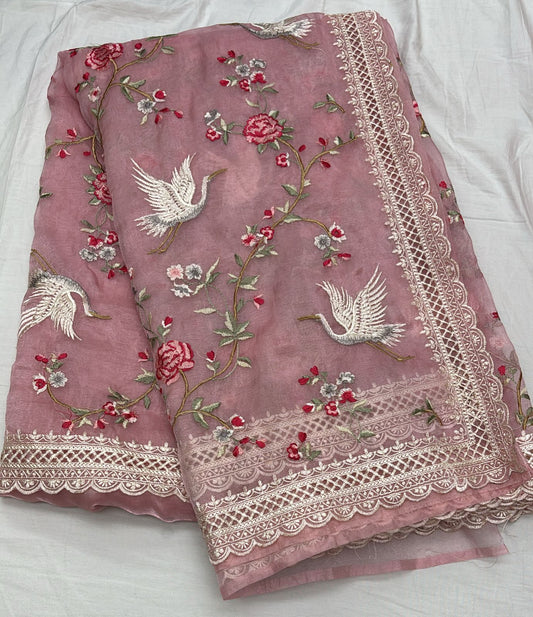 Pink Swan Embroidered Glass Tissue Saree