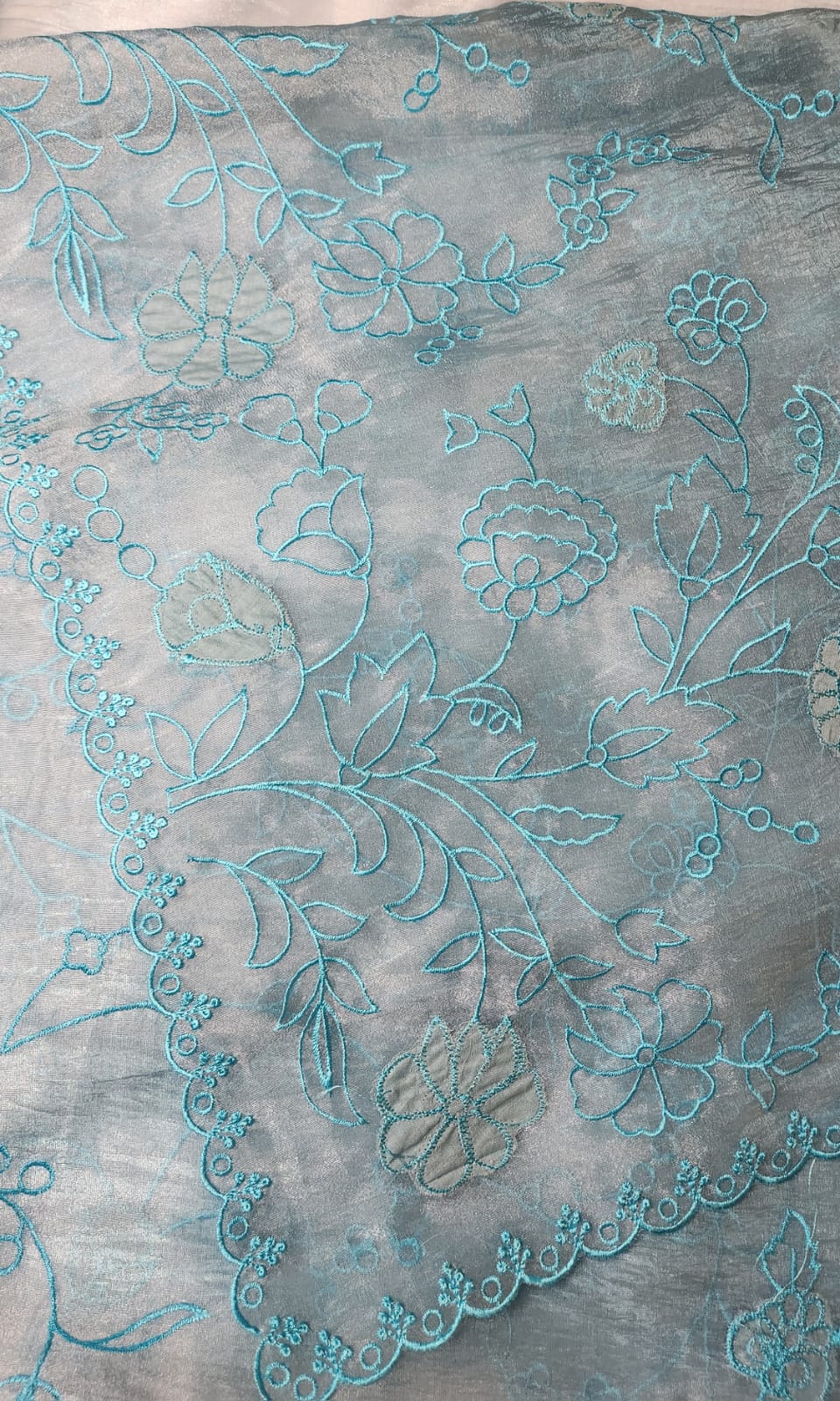 Icy Blue Glass Tissue Saree with Floral Embroidery & Scallop Border