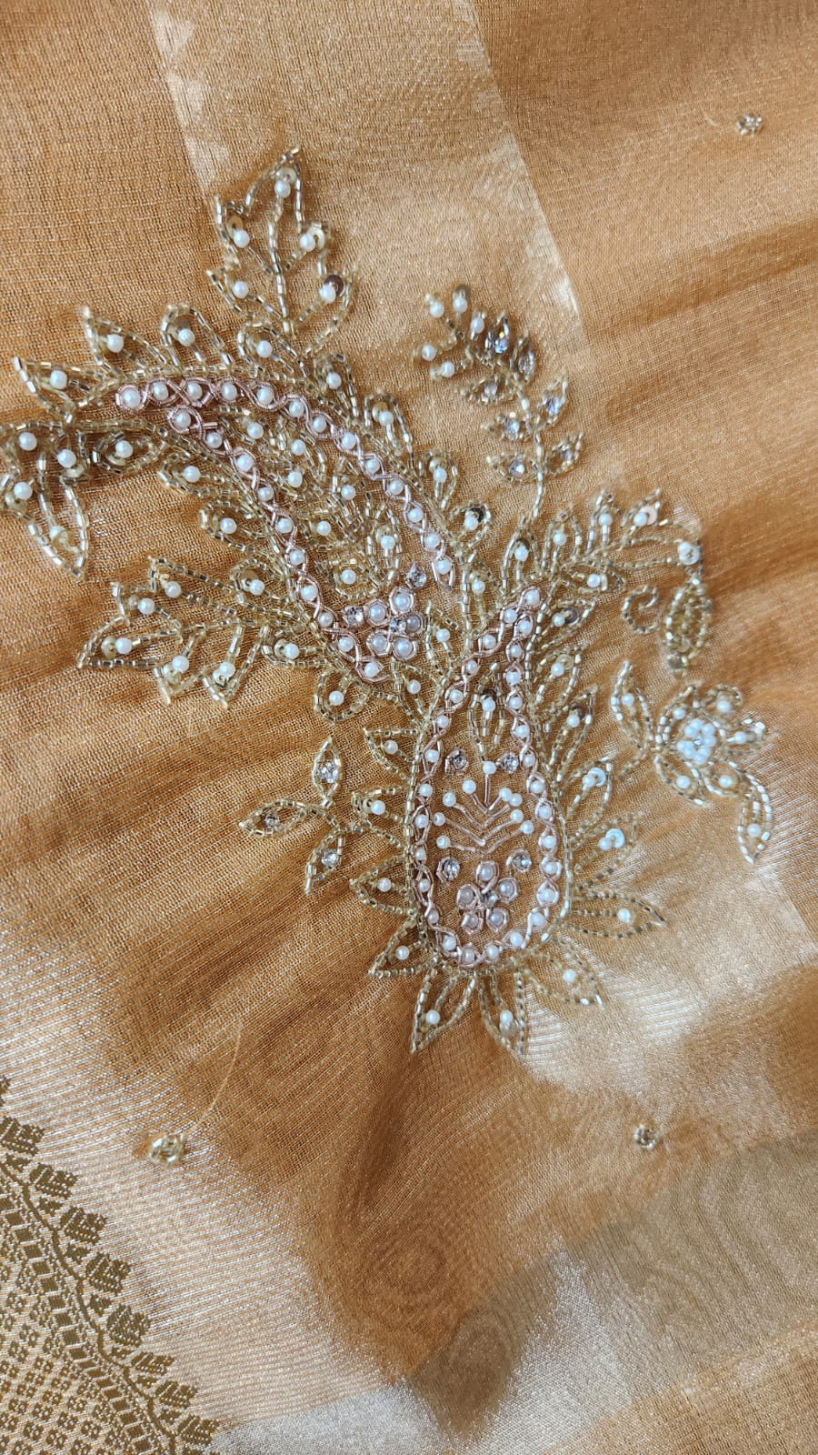 Gold Kota Tissue Saree with Pearl & Zari Hand Embroidery