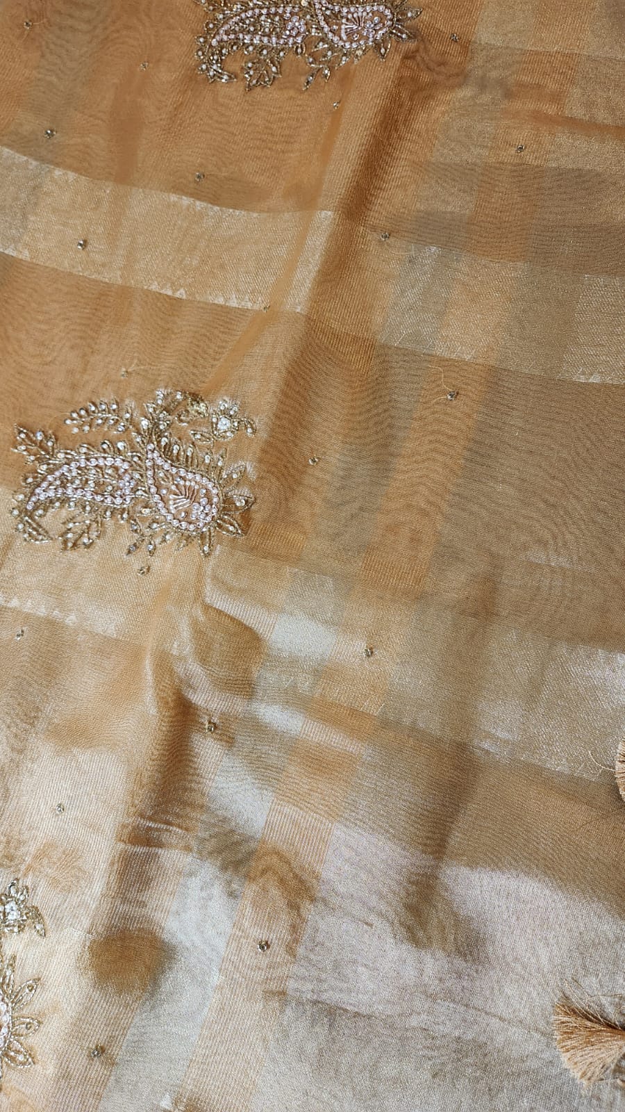 Gold Kota Tissue Saree with Pearl & Zari Hand Embroidery