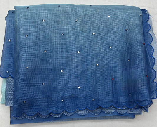 Blue Organza Saree with Kota Doria Weave & Mirror Work