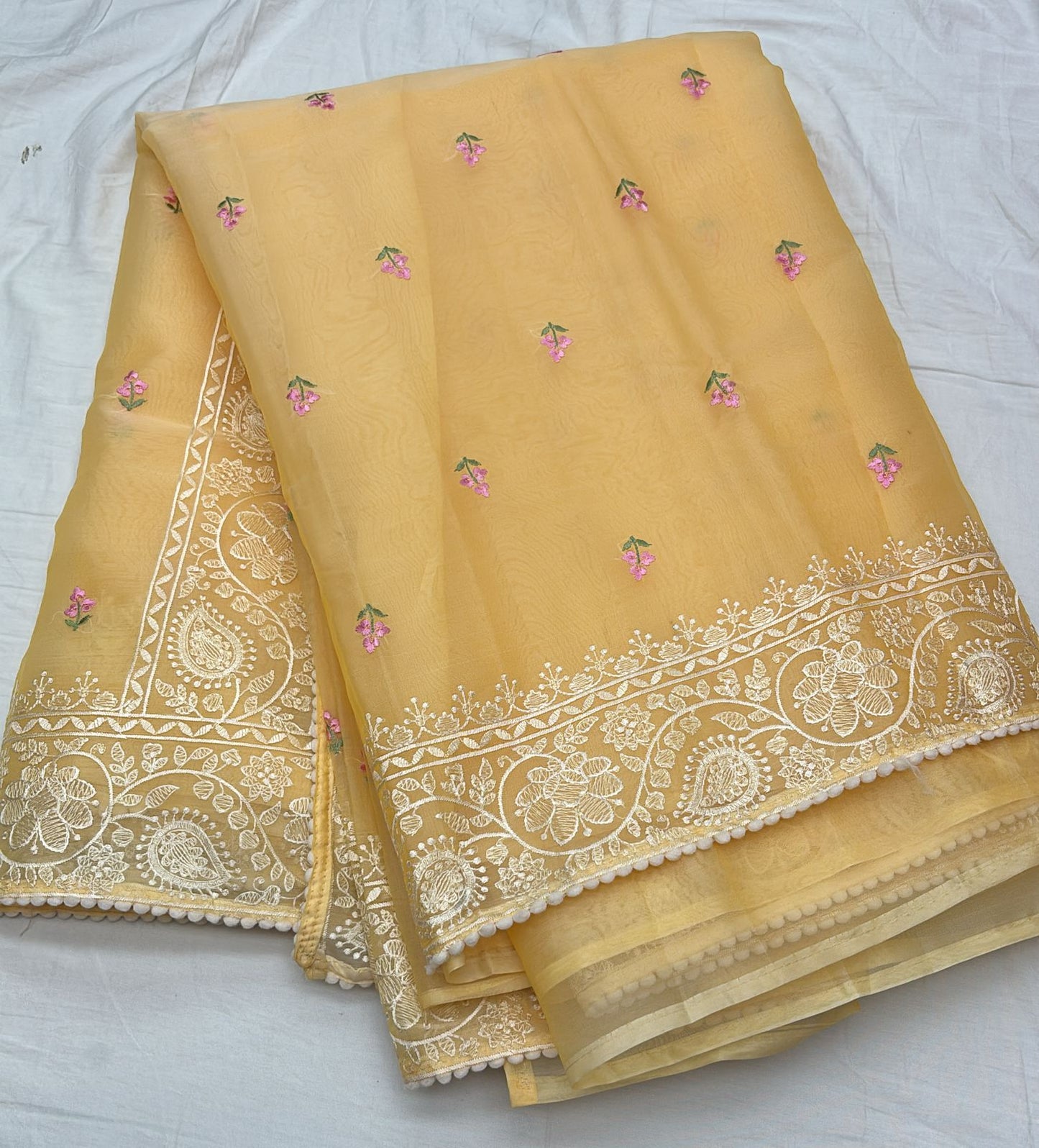 Butter Yellow Organza Saree with Floral Embroidery