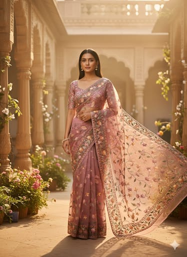 Blush Pink Floral Embroidered Glass Tissue Saree