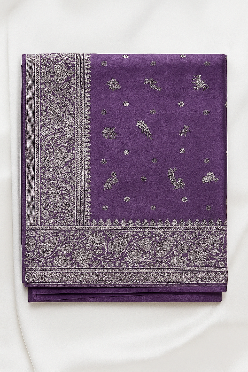 Satin Silk Saree with Silver Zari Motifs