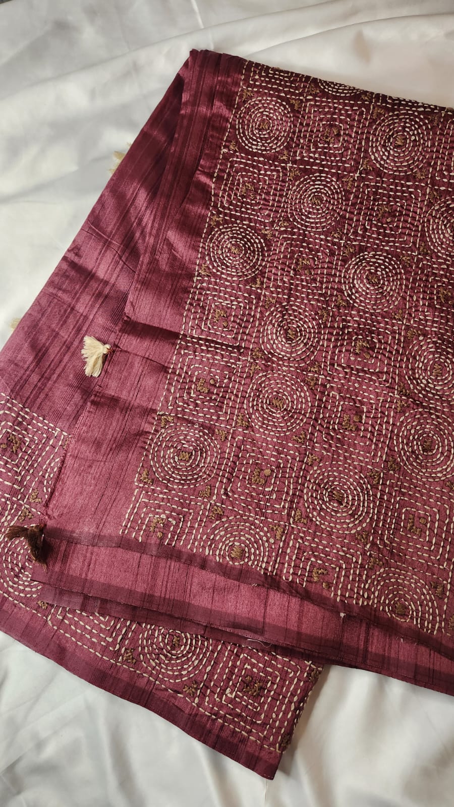 Maroon Tussar Silk Saree with Kantha Hand Embroidery