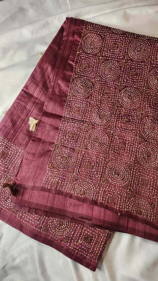 Maroon Tussar Silk Saree with Kantha Hand Embroidery