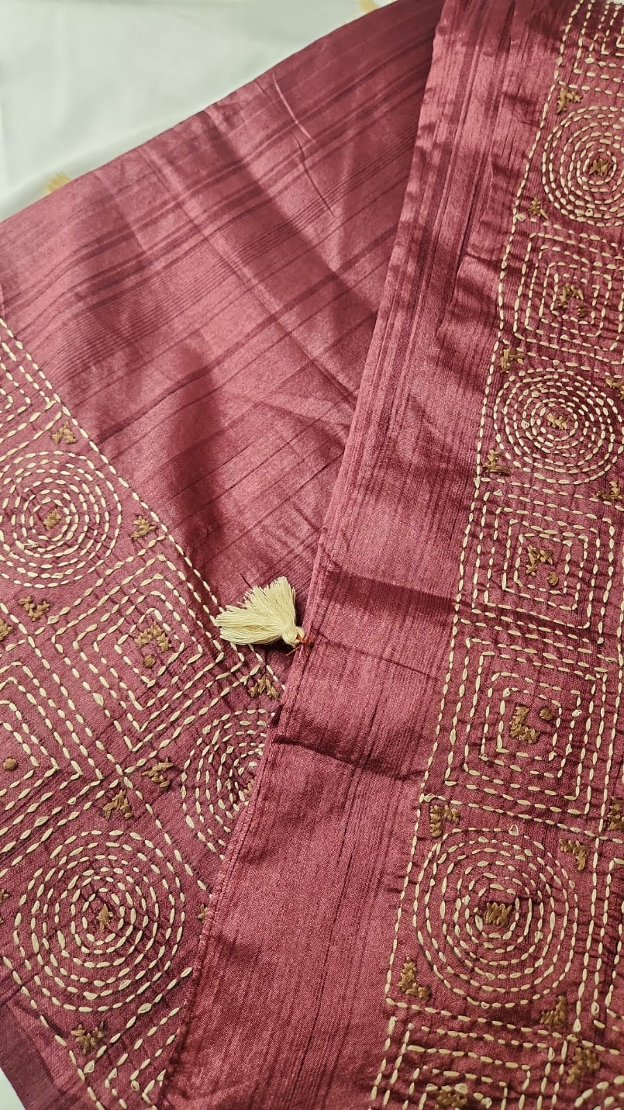 Maroon Tussar Silk Saree with Kantha Hand Embroidery