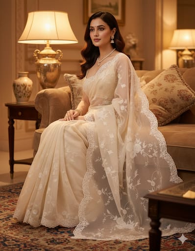 Ivory Organza Silk Saree with Embroidered Border