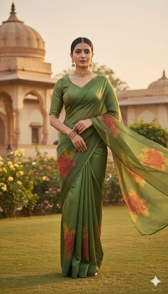 Bottle Green Satin Silk & Organza Pallu Saree
