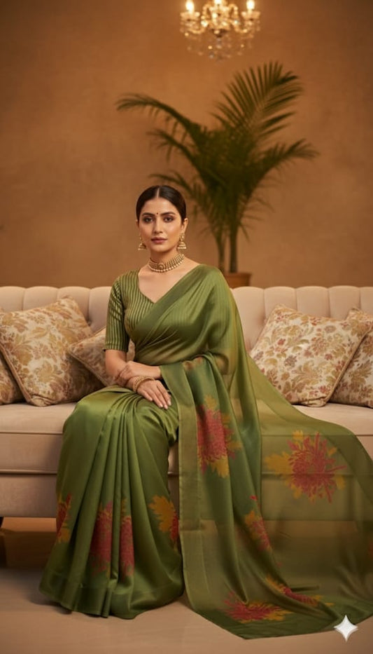 Bottle Green Satin Silk & Organza Pallu Saree