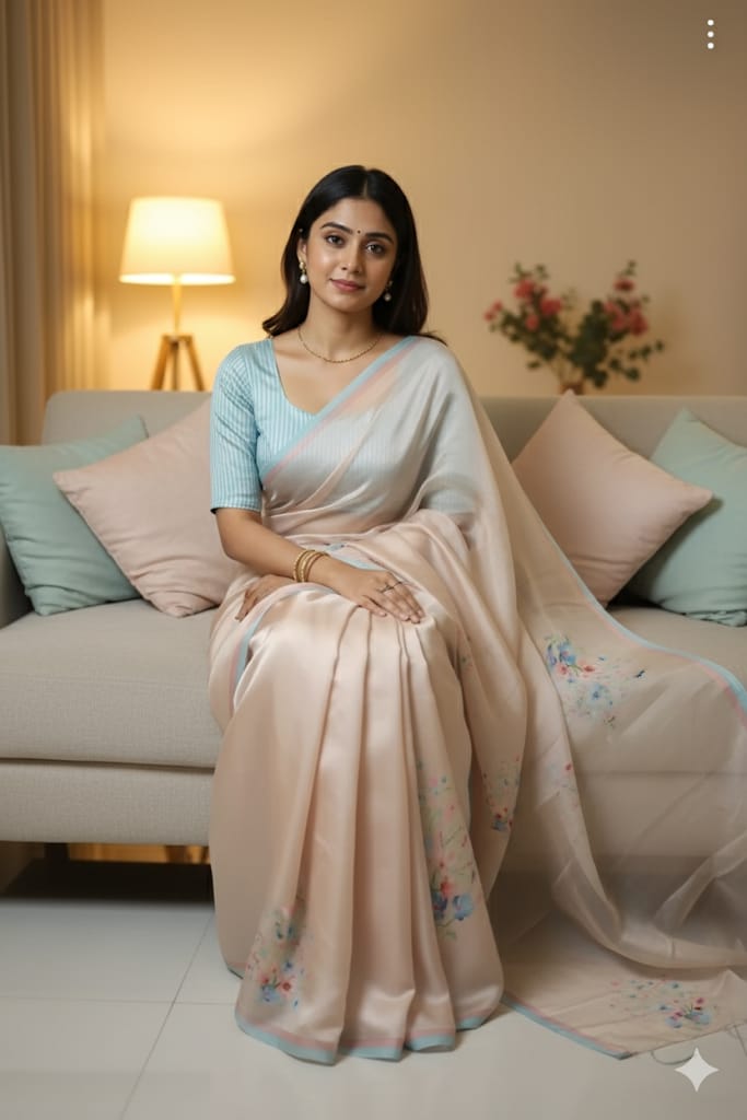 Pastel Peach Satin Silk & Organza Pallu Saree