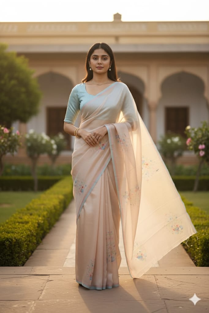 Pastel Peach Satin Silk & Organza Pallu Saree
