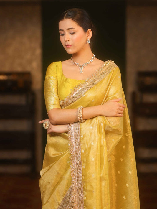 Golden Organza Saree with Lace Border