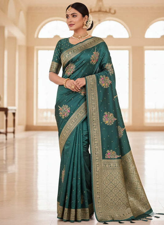 Satin Silk Bottle Green Saree