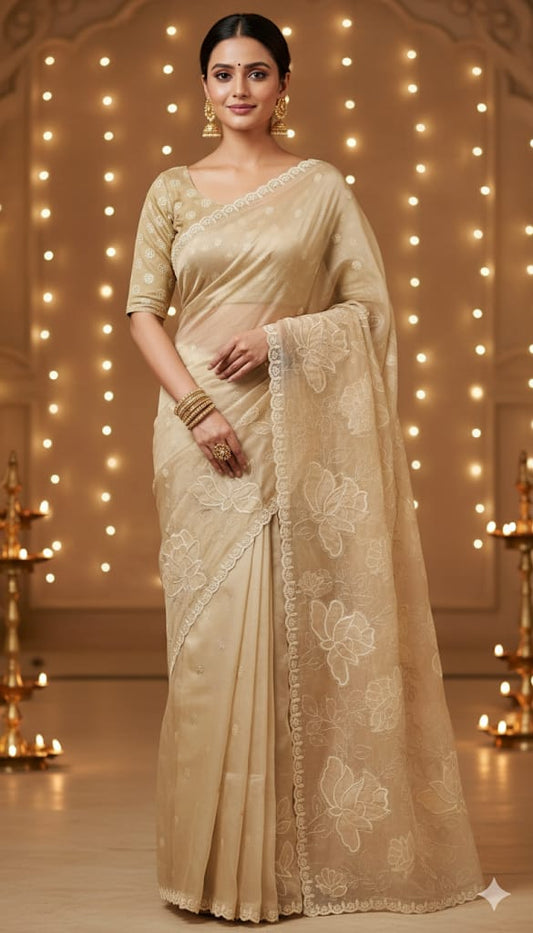 Chiku Glass Tissue Saree with Floral Embroidery & Scallop Border