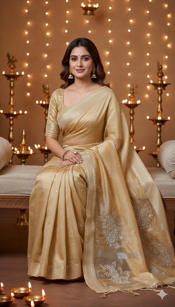 Gold Kota Tissue Saree with Pearl & Zari Hand Embroidery