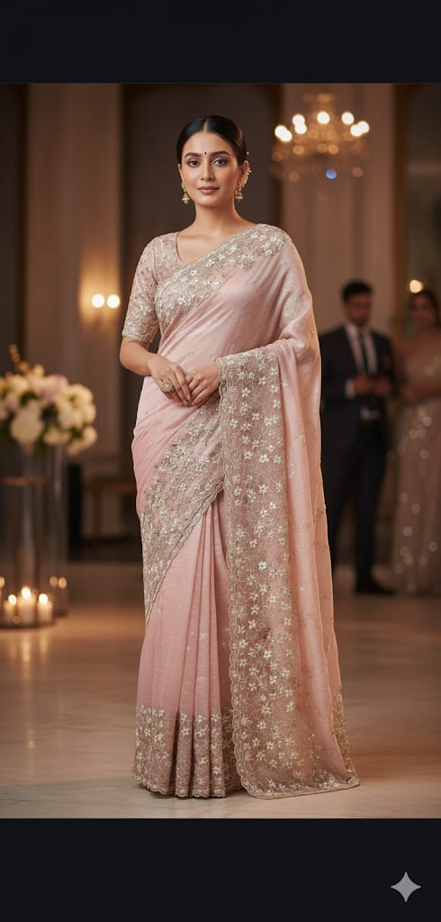 š A graceful Pink Crushed Tissue saree with a luminous finish and delicate zari border ā ideal for festive occasions, weddings, and elegant evenings.