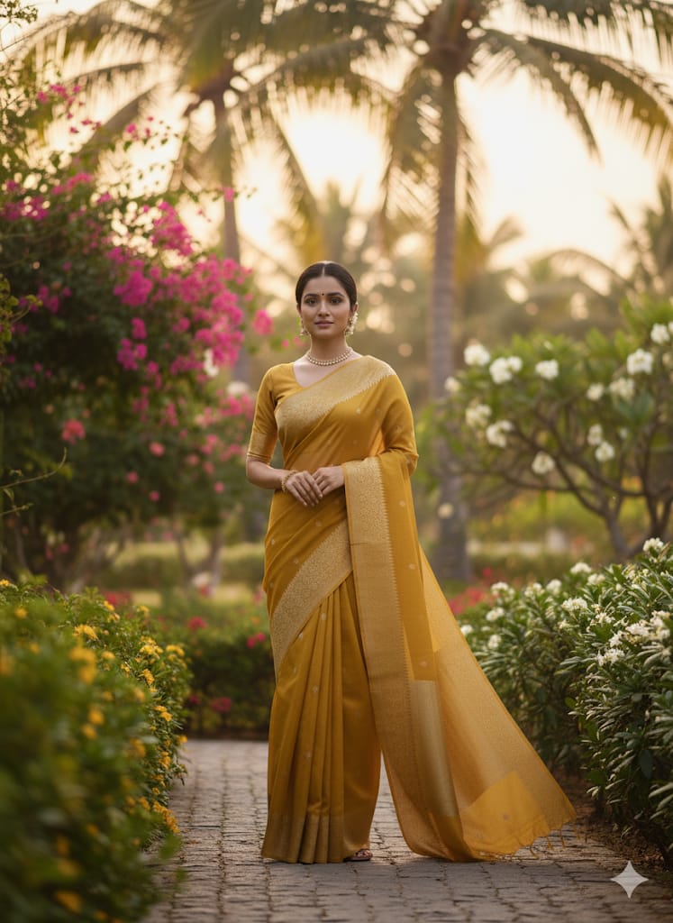 Pure Kora Silk Saree – Yellow Gold with Intricate Zari Weave
