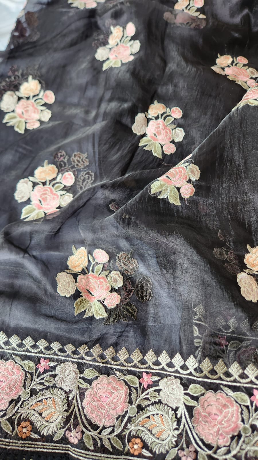 Midnight Black Organza Saree with Vintage Floral Embroidery + Blouse