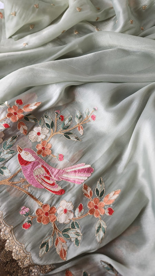 Mint Green Glass Tissue Saree with Bird Embroidery | Vintage Vogue Boutique