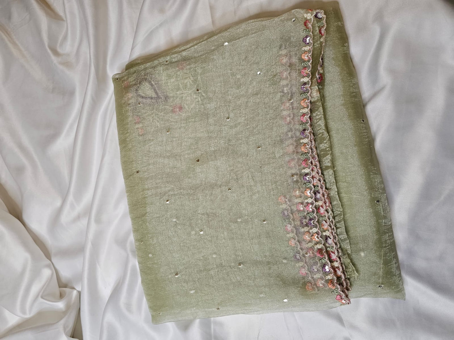 Pista Green Glass Tissue Saree with Embroidered Blouse | Vintage Vogue Boutique