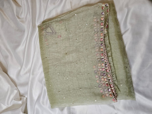 Pista Green Glass Tissue Saree with Embroidered Blouse | Vintage Vogue Boutique