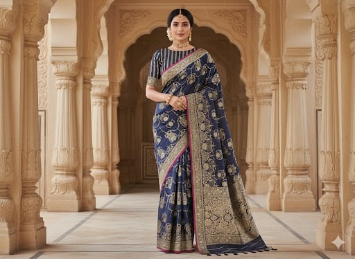Navy Blue Satin Silk Saree with Rich Zari Weaving