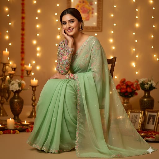 Pista Green Glass Tissue Saree with Embroidered Blouse | Vintage Vogue Boutique