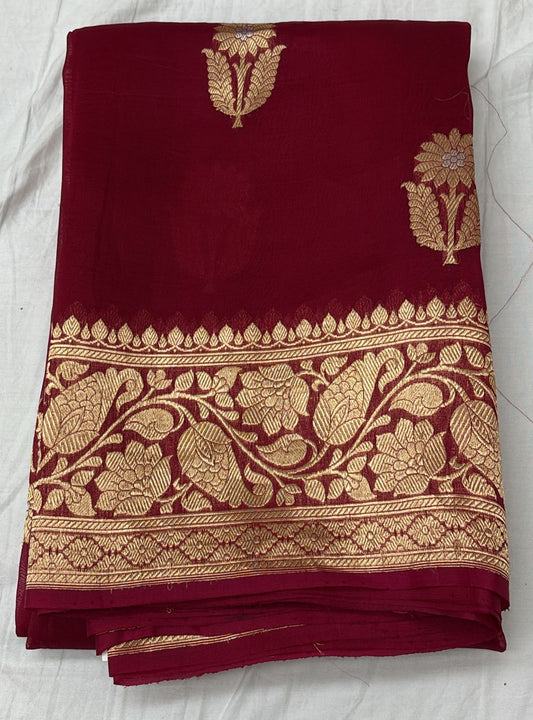 Pure Kora Silk Saree – Maroon with Golden Zari