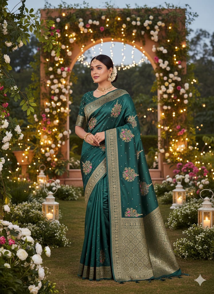 Satin Silk Bottle Green Saree