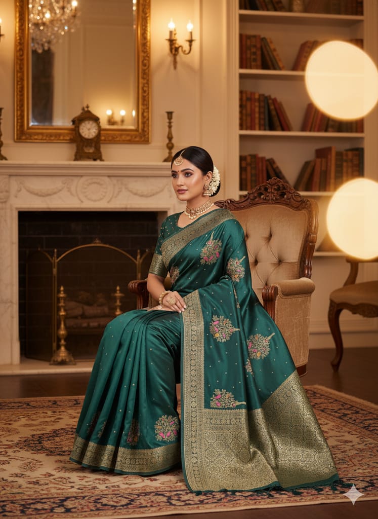 Satin Silk Bottle Green Saree