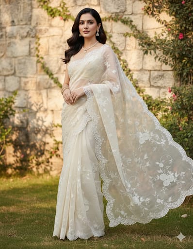 Ivory Organza Silk Saree with Embroidered Border