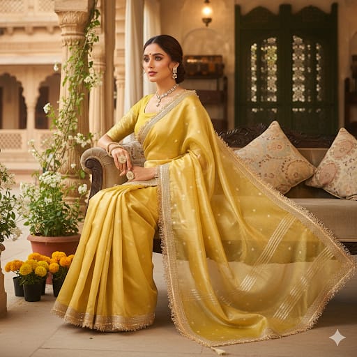 Golden Organza Saree with Lace Border