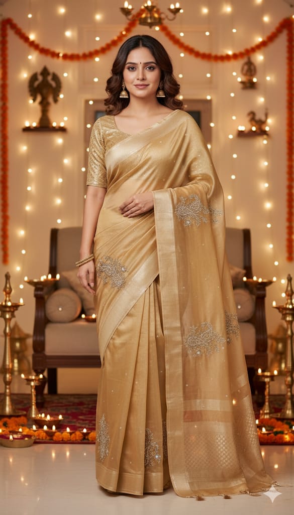 Gold Kota Tissue Saree with Pearl & Zari Hand Embroidery
