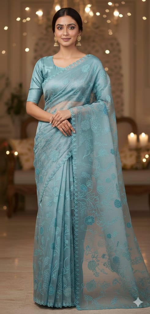 Icy Blue Glass Tissue Saree with Floral Embroidery & Scallop Border