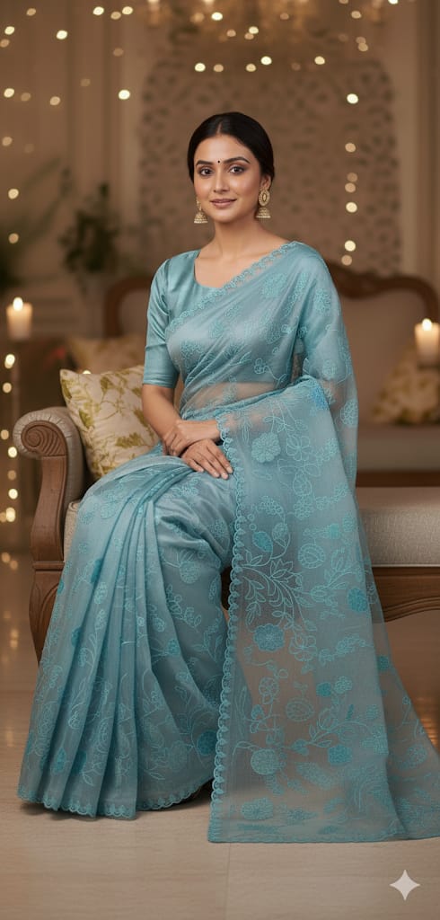 Icy Blue Glass Tissue Saree with Floral Embroidery & Scallop Border
