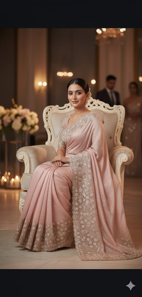 💗 A graceful Pink Crushed Tissue saree with a luminous finish and delicate zari border — ideal for festive occasions, weddings, and elegant evenings.