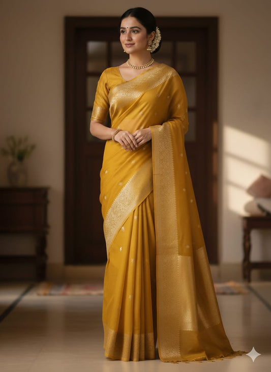 Pure Kora Silk Saree – Yellow Gold with Intricate Zari Weave