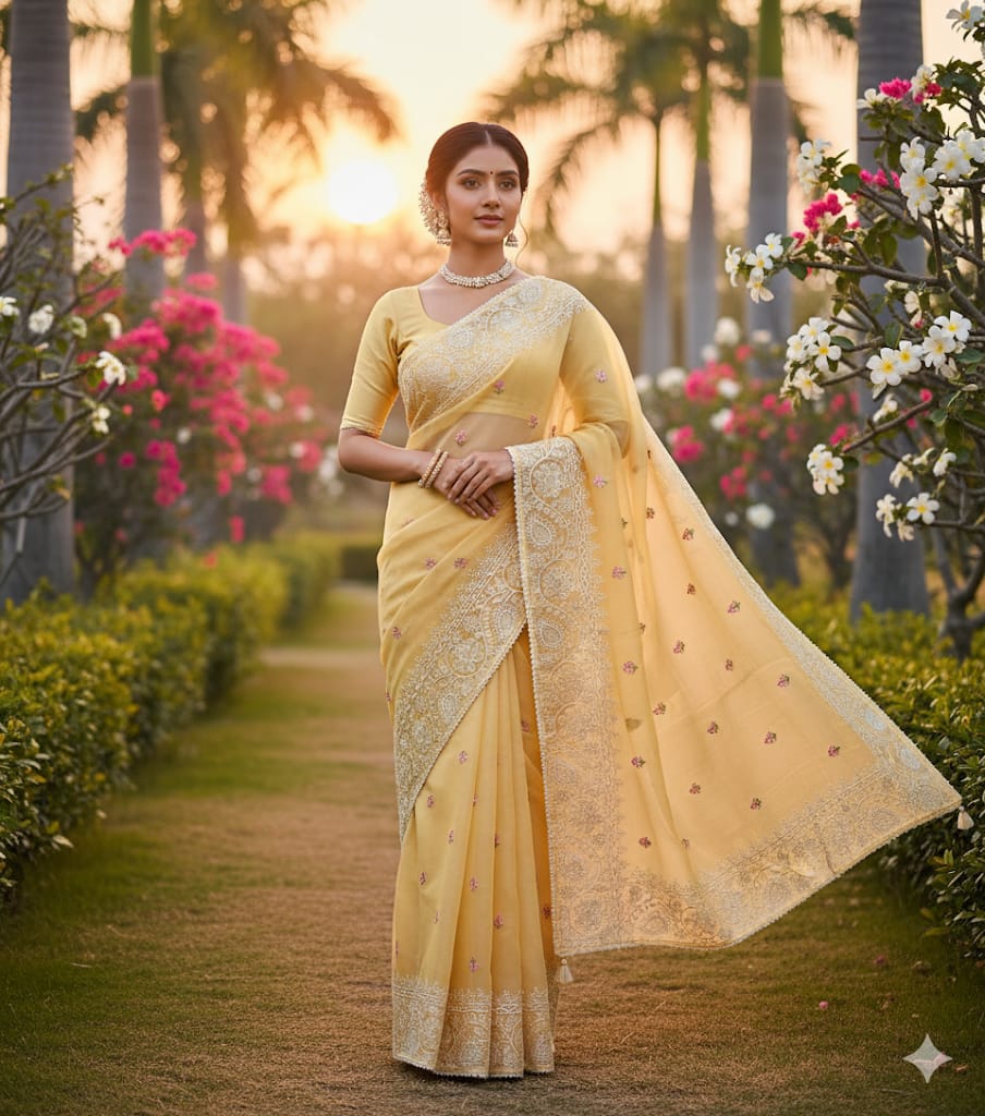 Butter Yellow Organza Saree with Floral Embroidery