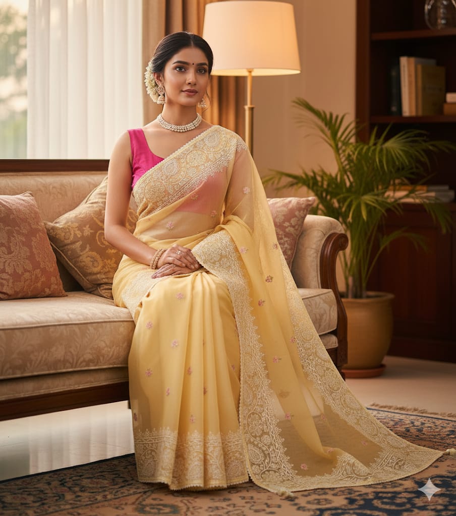 Butter Yellow Organza Saree with Floral Embroidery
