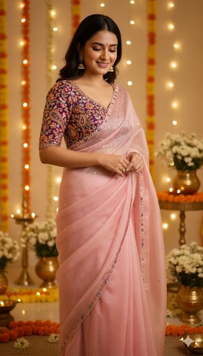 Baby Pink Glass Tissue Saree with Embroidered Blouse | Vintage Vogue Boutique