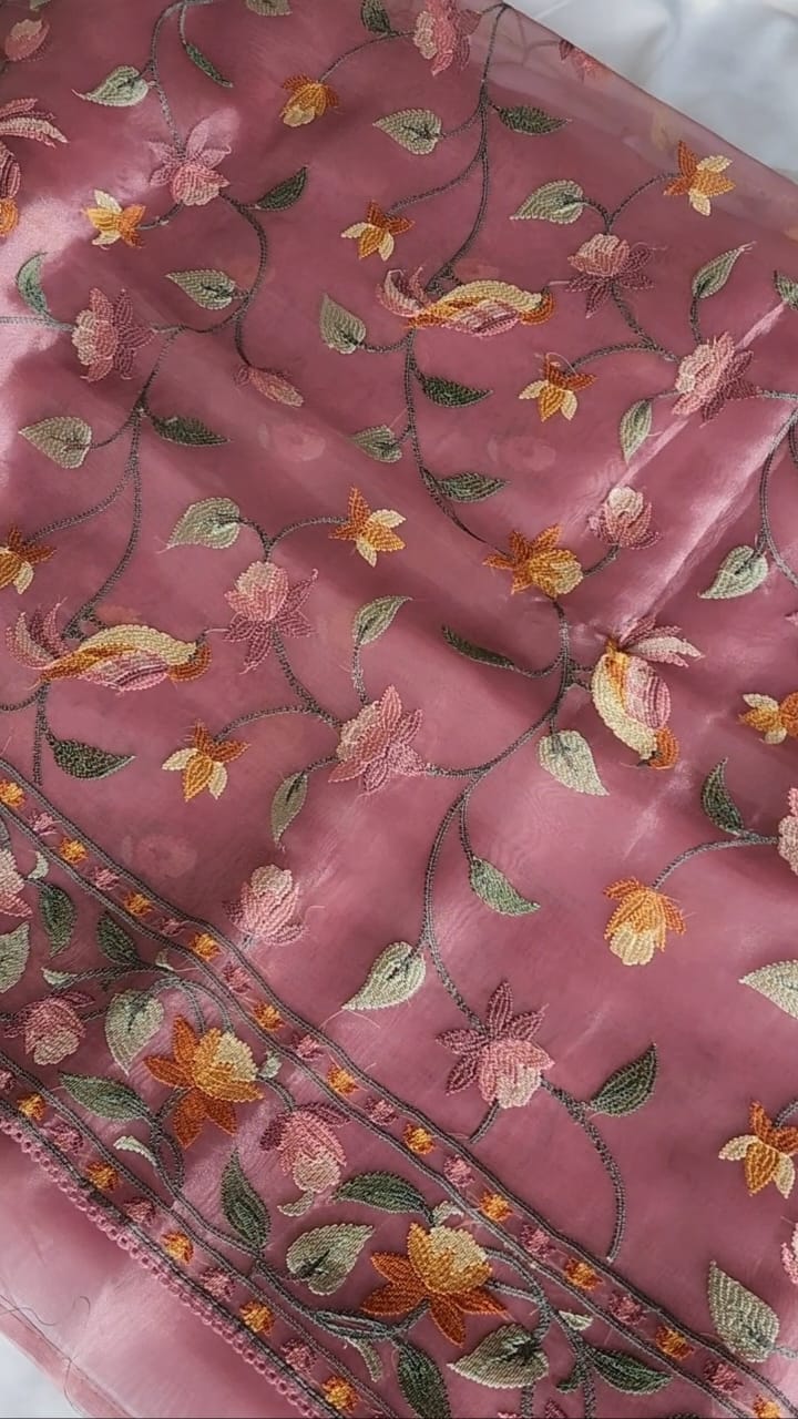 Blush Pink Floral Embroidered Glass Tissue Saree