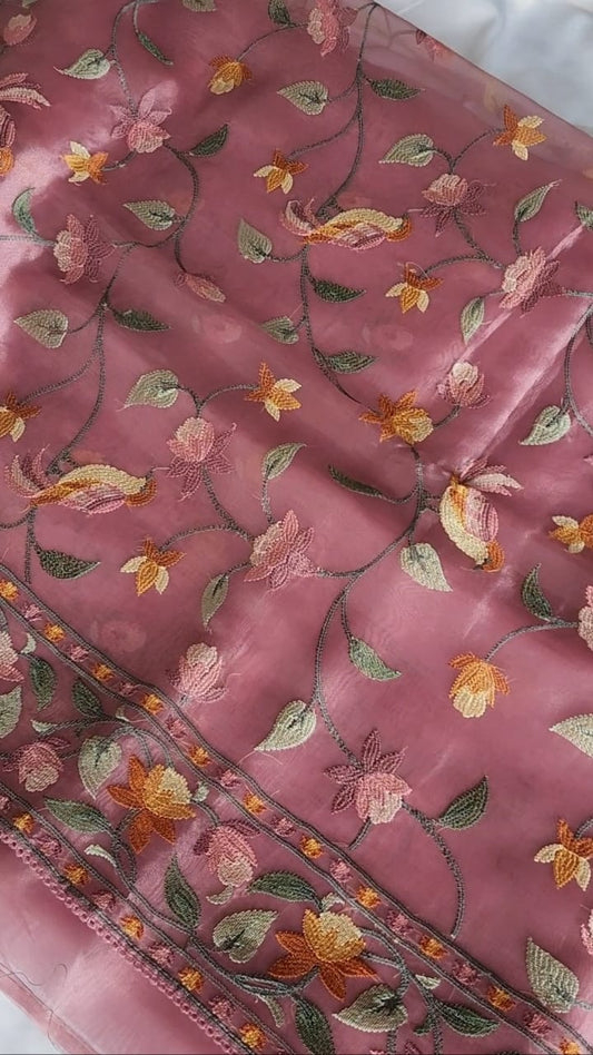 Blush Pink Floral Embroidered Glass Tissue Saree